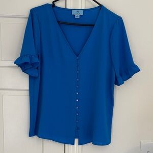 CeCe Bright Royal Blue Button-Front Ruffle Sleeve Blouse